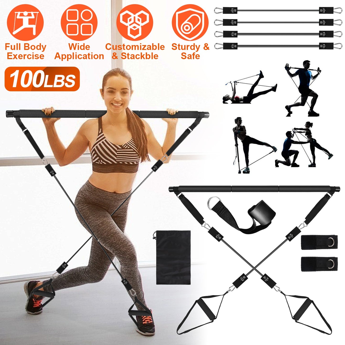 Pilates Bar Kit with 100LBS Resistance Bands & Accessories
