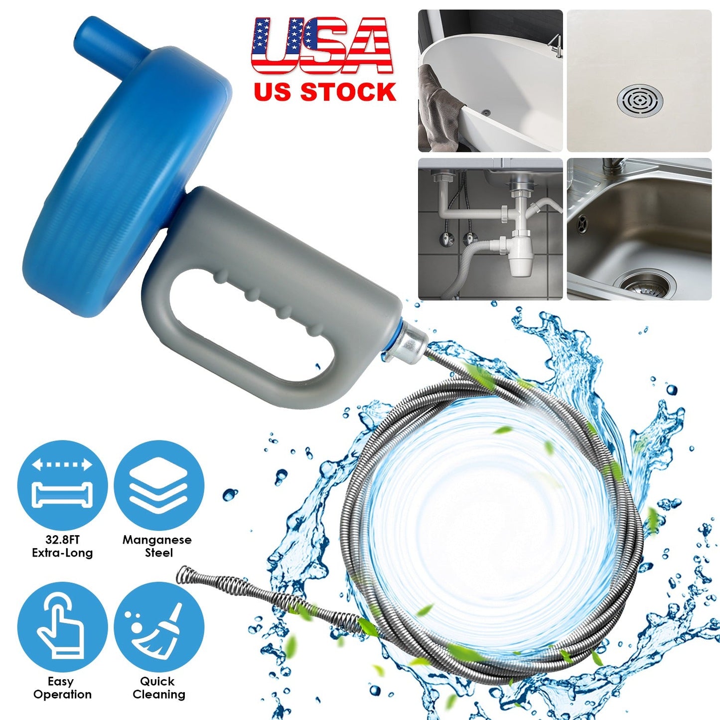 32.8FT Drain Snake Auger Plumbing Snake Hair Clog Remover For Sewer Sink Bathtub Shower Kitchen Bathroom Drain Clog Remover