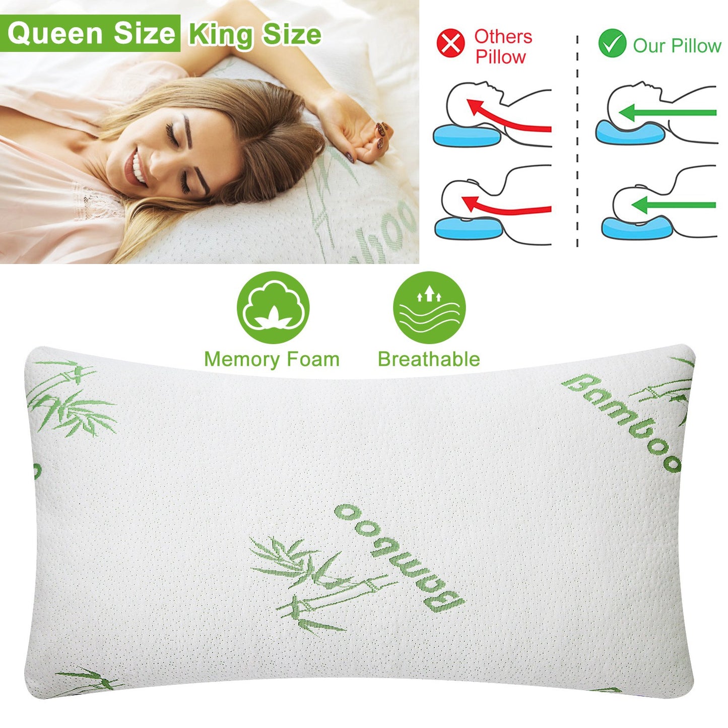 Memory Foam Pillow Set with Bamboo Cover - Queen Size (2-Pack)