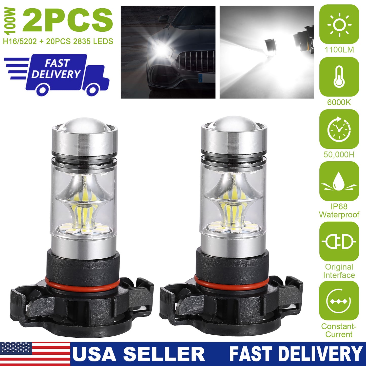 H16 5202 LED Fog Light Bulbs 6000K White 1100LM (2-Pack)
