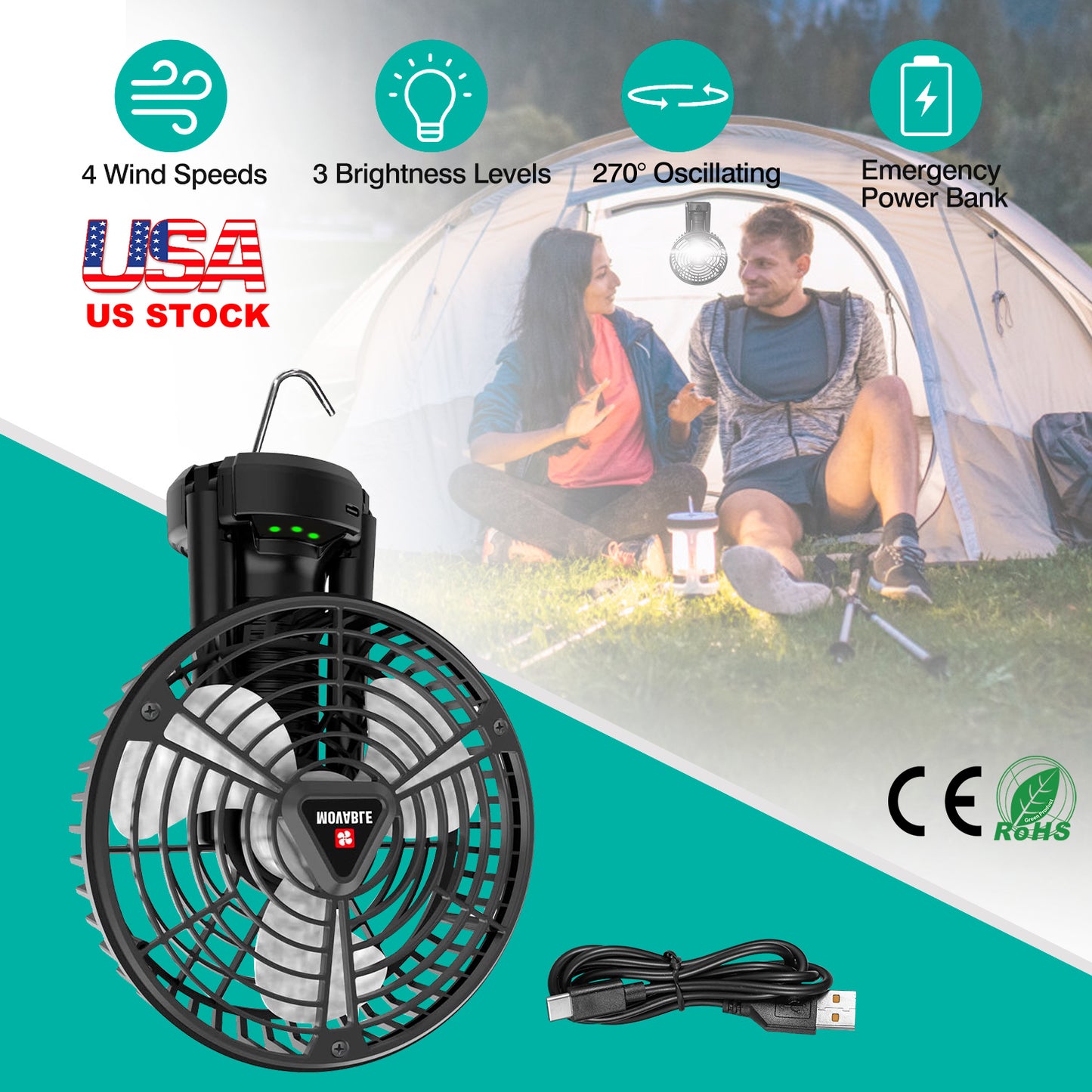 Camping Fan with LED Light & Power Bank - 270° Oscillating