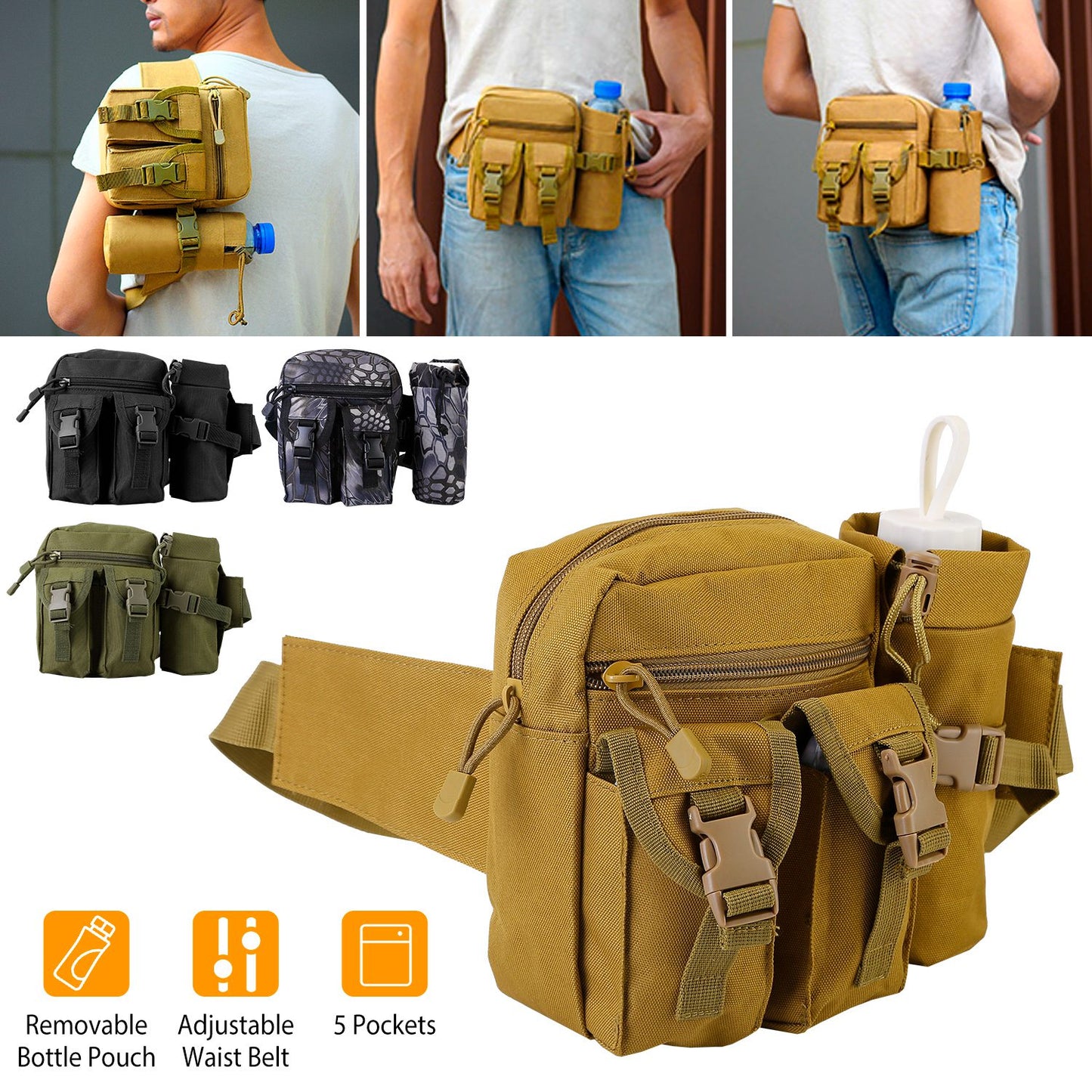 Tactical Waist Bag with Water Bottle Holder - 20L Capacity