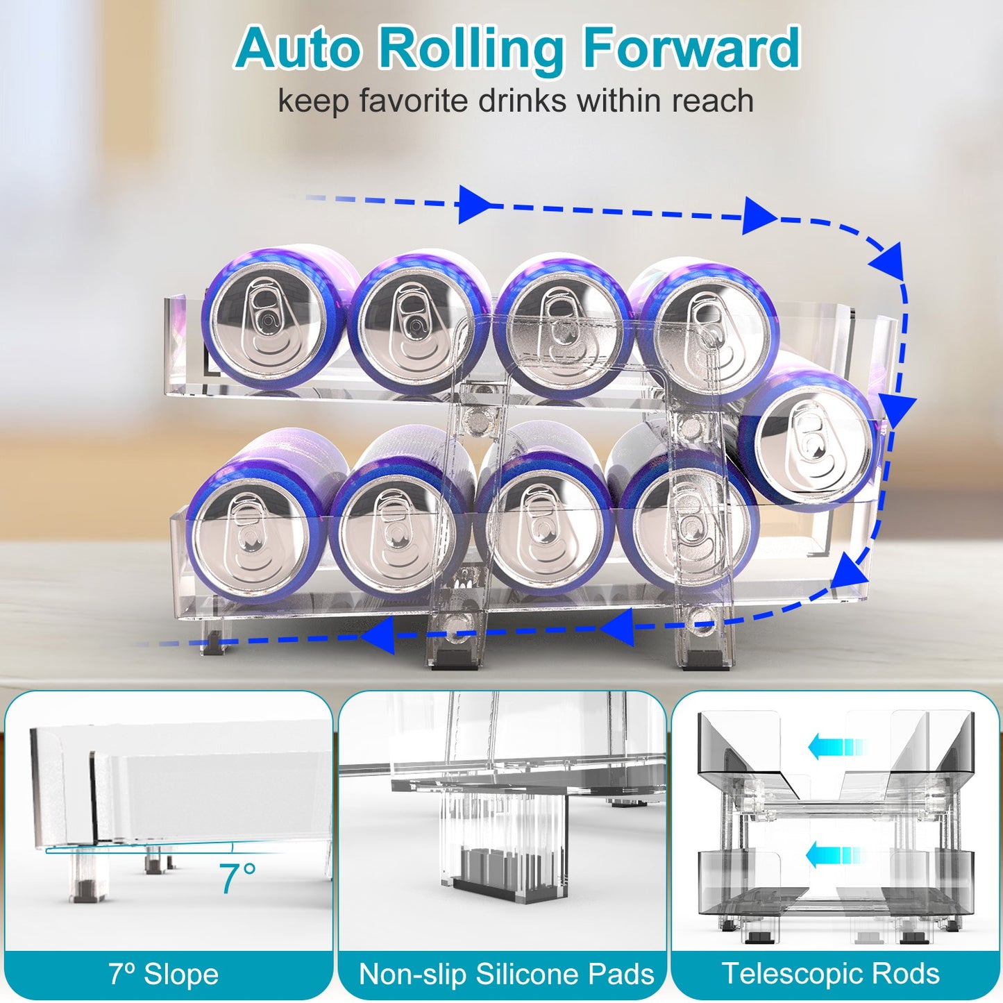 Adjustable Soda Can Organizer 2-Pack with Auto-Rolling Dispenser