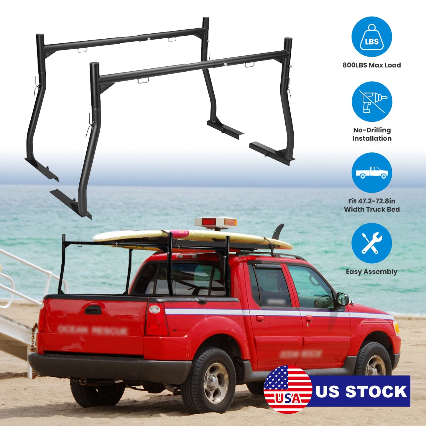 Extendable Truck Ladder Rack 800lbs Capacity No-Drill Install