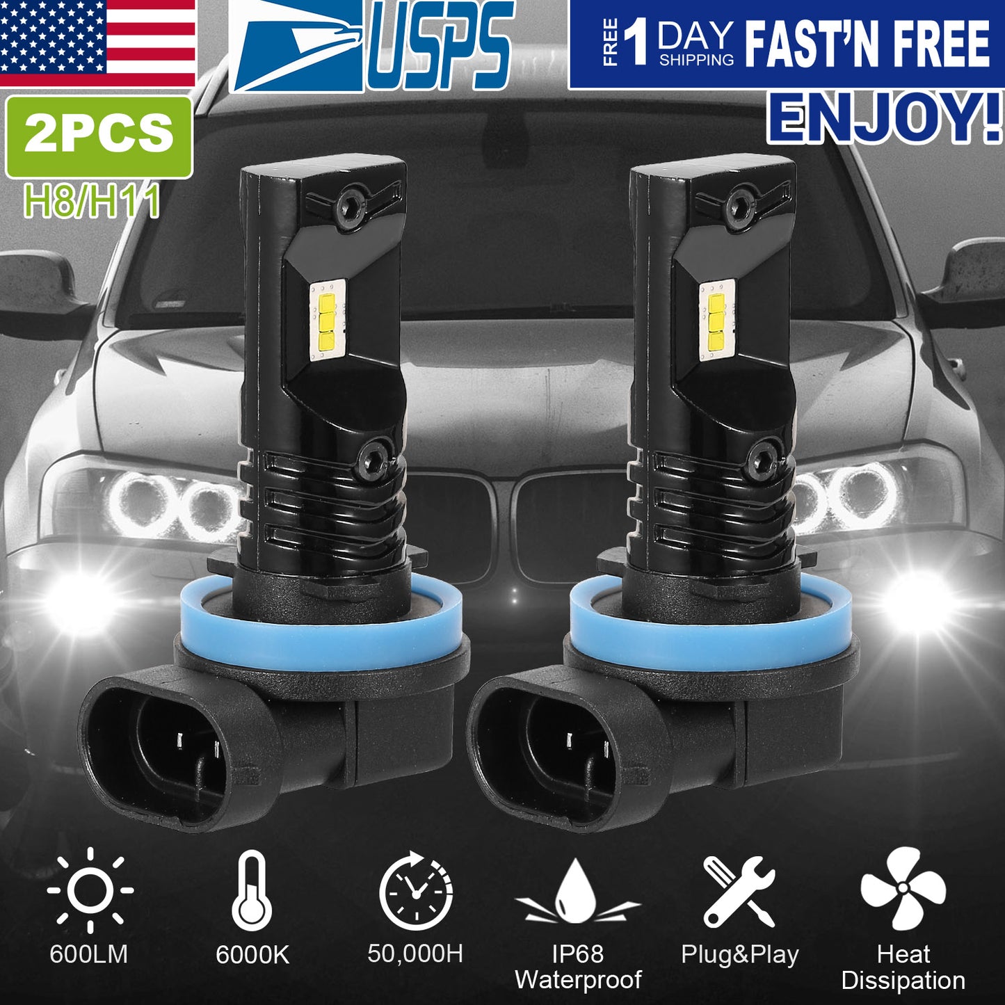 H8/H9/H11 LED Fog Light Bulbs 6000K White 600LM (2-Pack)