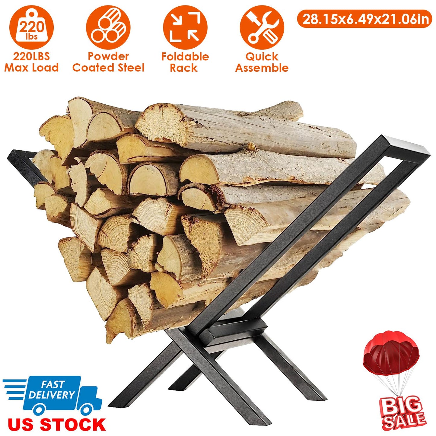 Firewood Log Rack 220LBS Capacity Steel X-Frame Storage Holder
