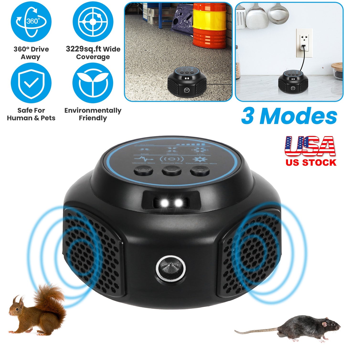 Ultrasonic Rodent Repeller with 3 Modes & Strobe Lights