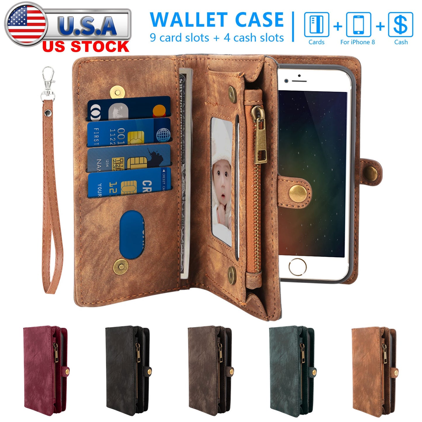 iPhone 8 Wallet Case with 13 Card Slots & Detachable Cover