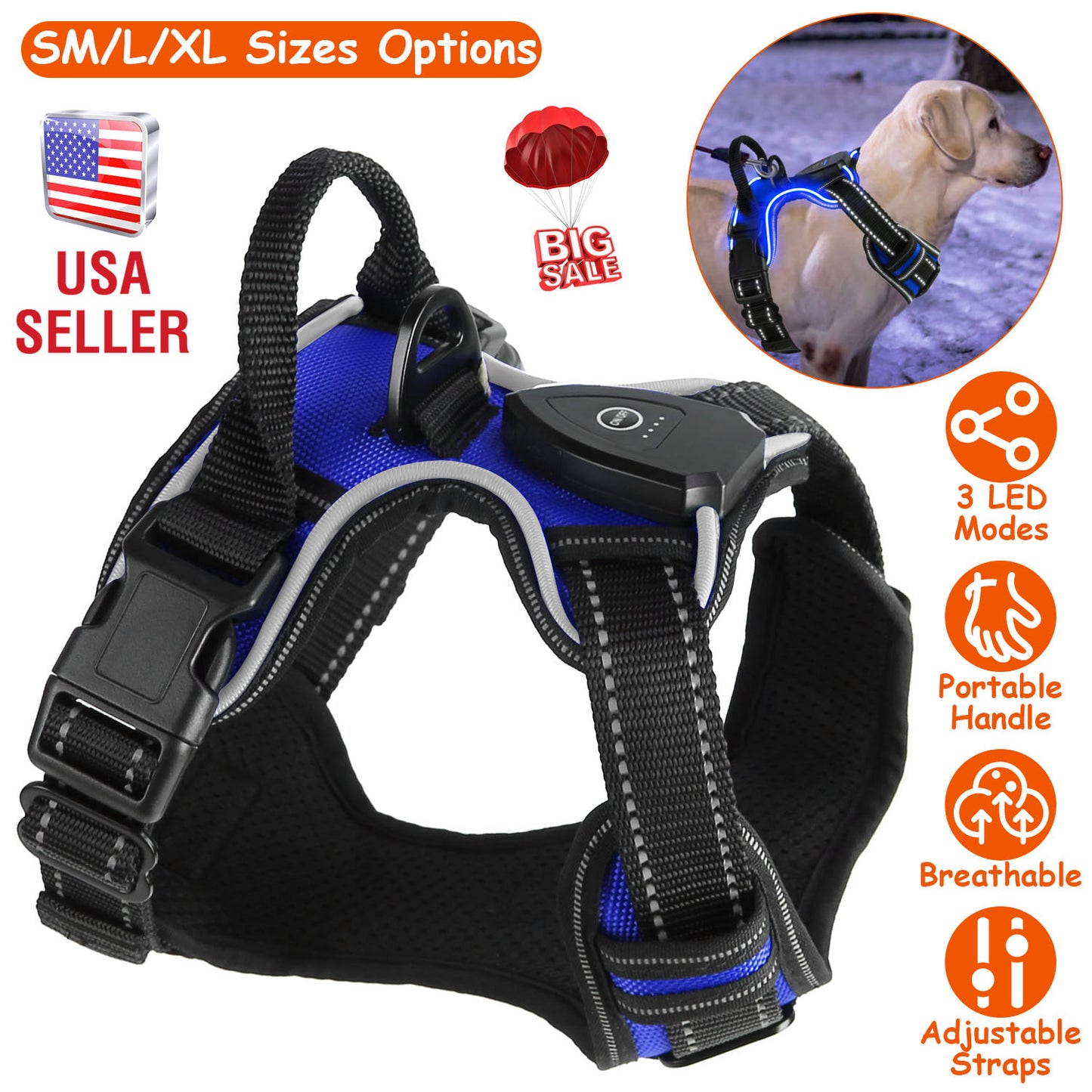 LED Dog Harness Rechargeable No-Pull Vest with Handle