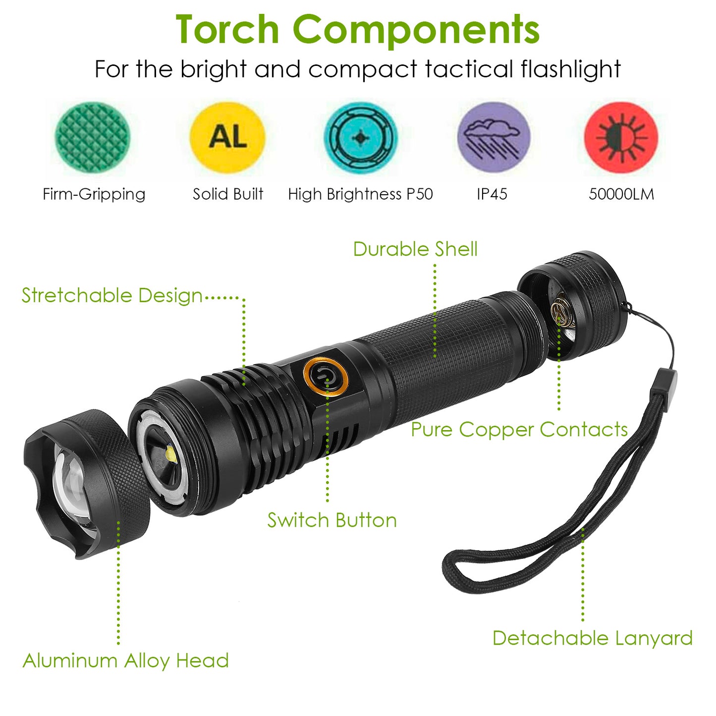 Rechargeable LED Tactical Flashlight 50000LM Zoomable 5 Modes