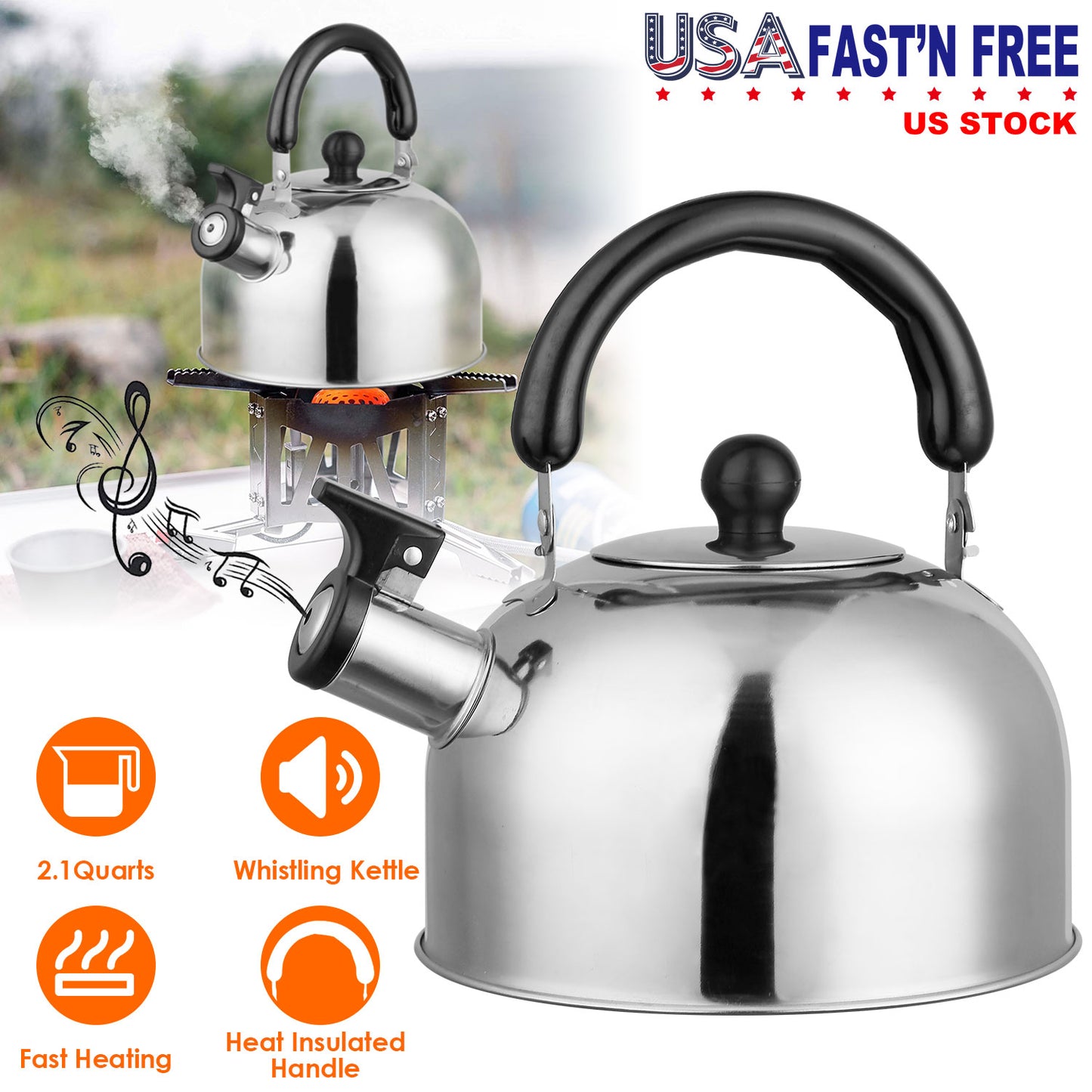 Whistling Tea Kettle 2.1 Quart Stainless Steel Stovetop