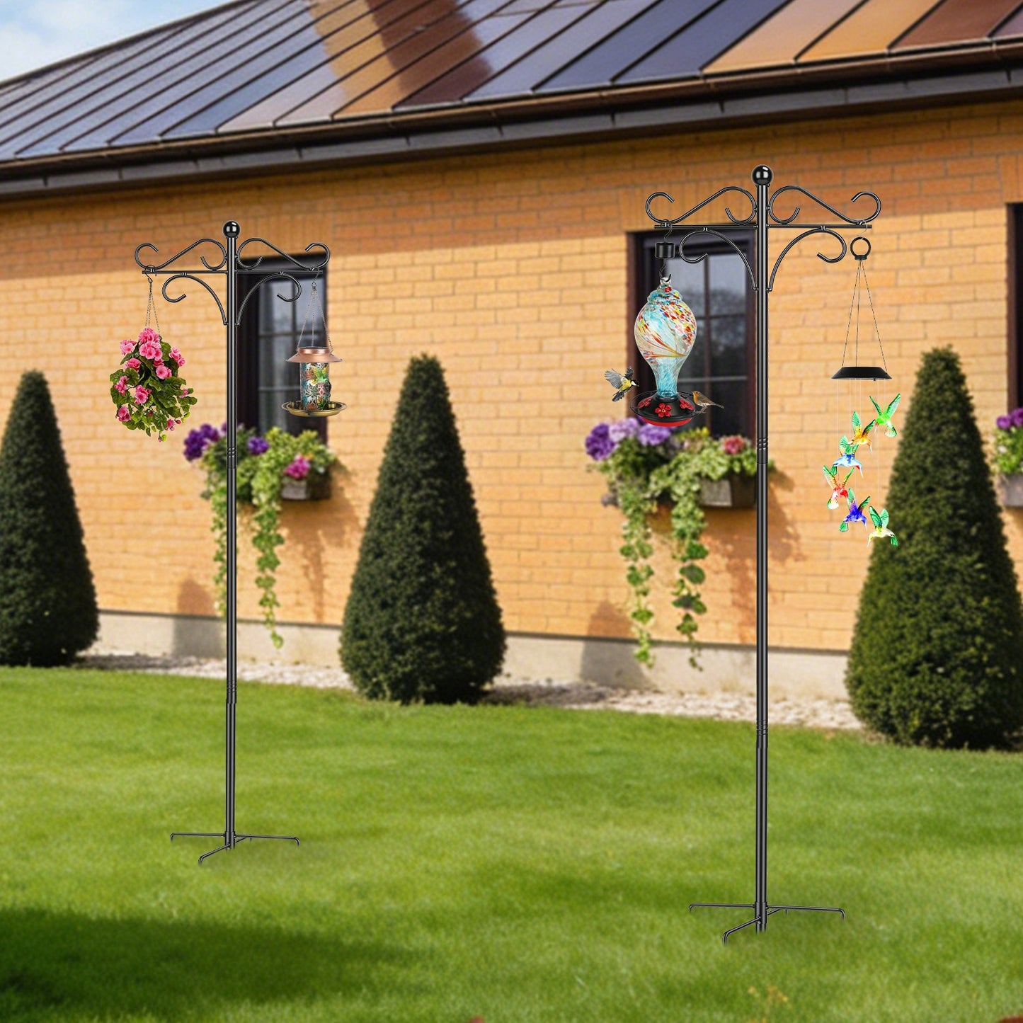 Double Shepherd Hook 76in Adjustable Garden Pole with 5-Prong Base