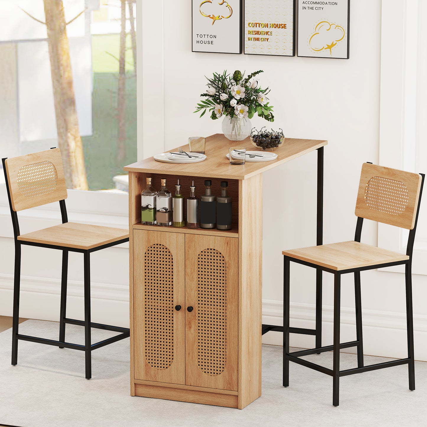3-Piece Bar Table and Chairs Set with Storage Shelves