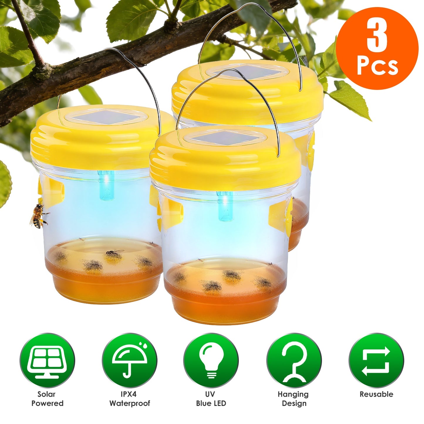 Solar Wasp Trap with UV Light - 3 Pack Outdoor Hanging