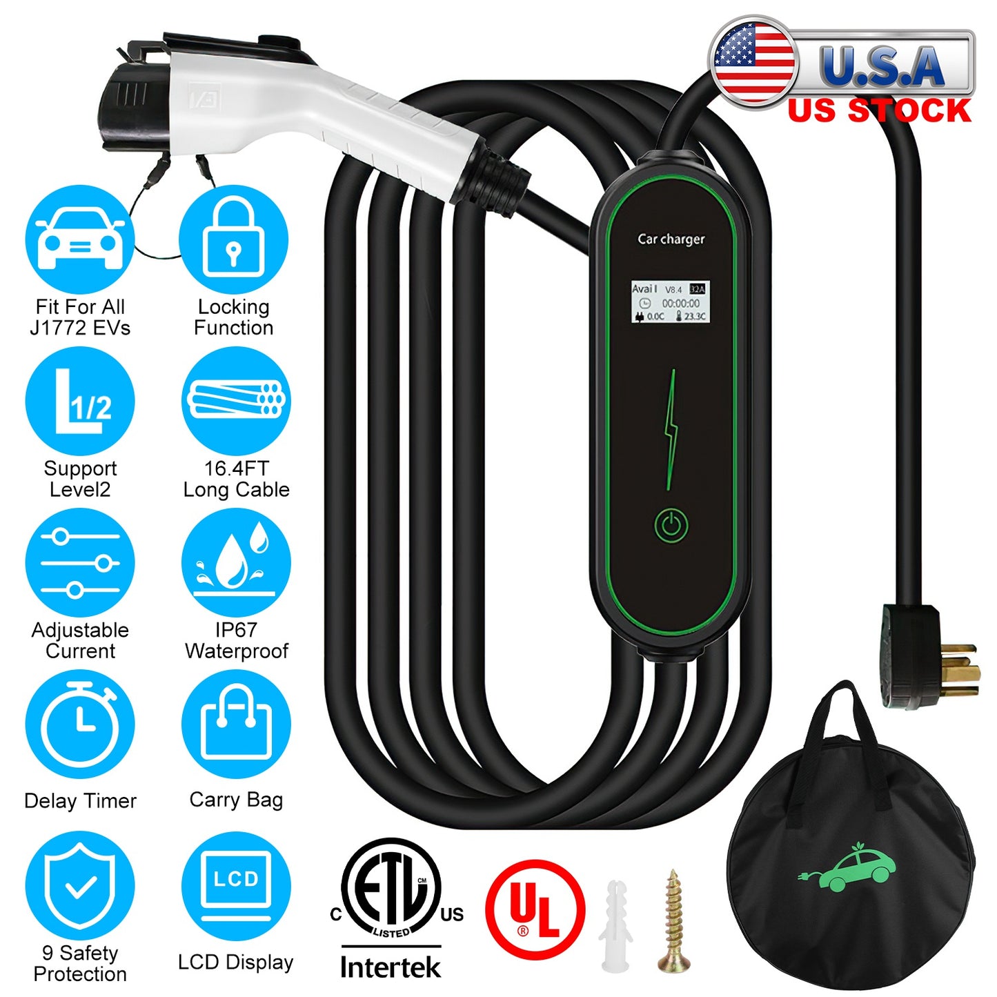 Level 2 EV Charger with NEMA 6-20P Plug and Carry Bag