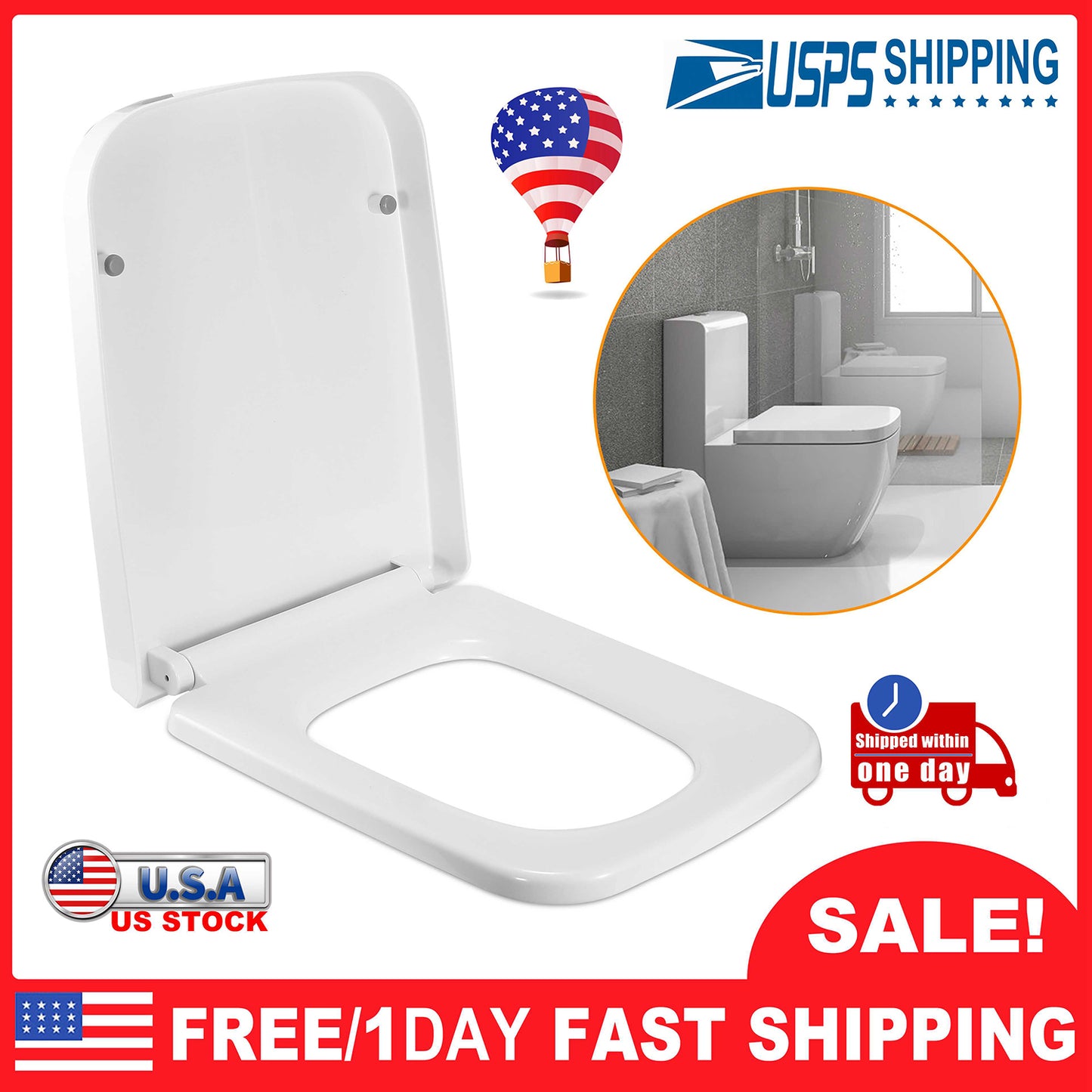 Square Toilet Seat with Quiet-Close and Quick-Release