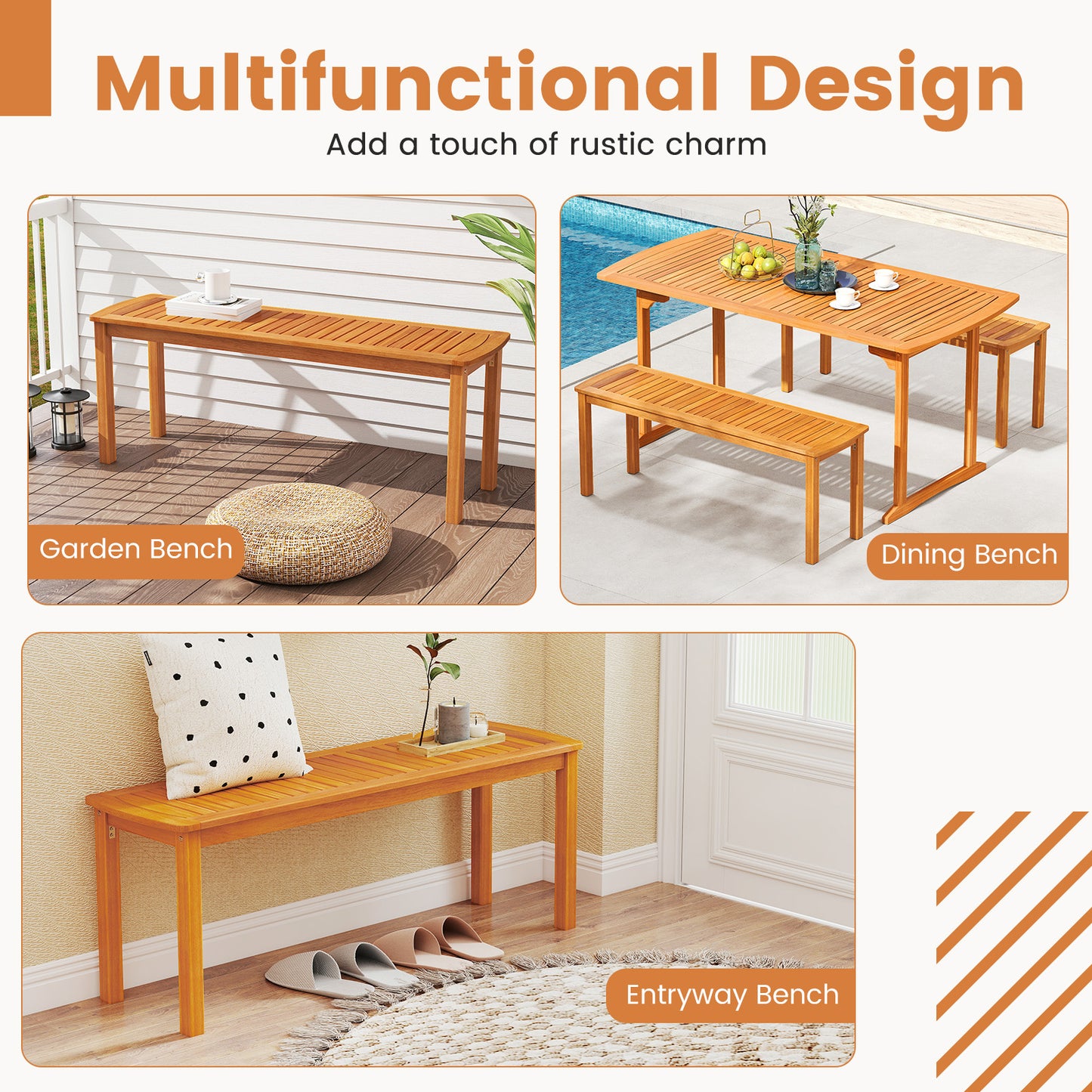 Acacia Wood Outdoor Bench with Slatted Seat - 48 Inch
