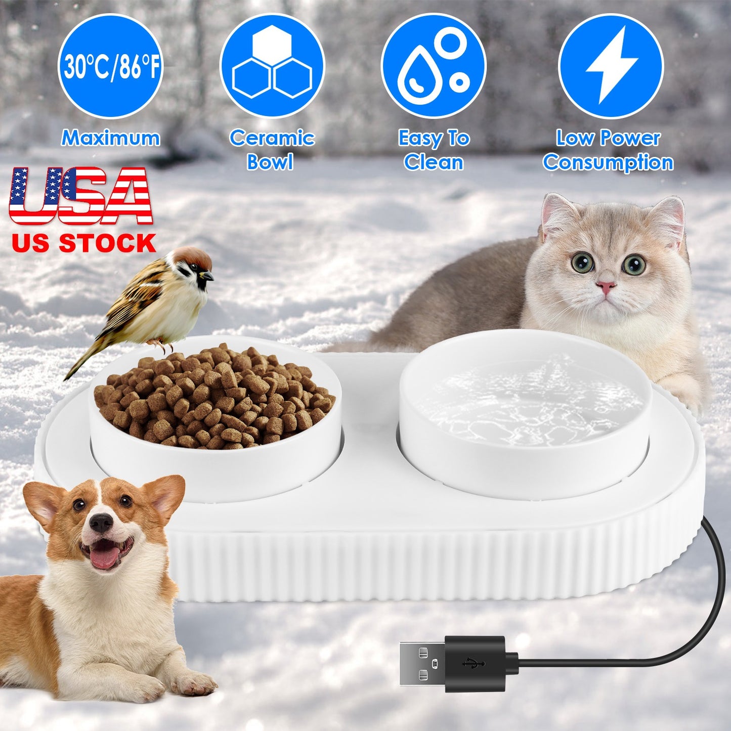 Heated Pet Water Bowl - USB Powered Ceramic Non-Freezing