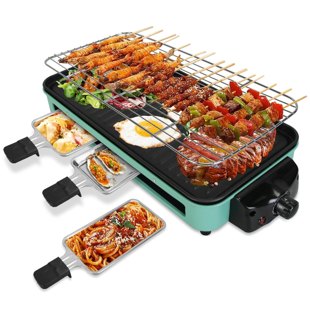 2000W Electric Indoor Grill 2 in 1 Electric BBQ Gill with Grill NetÊRemovable Plate 5 Temperature Control 3 Small Trays Dishwasher Safe
