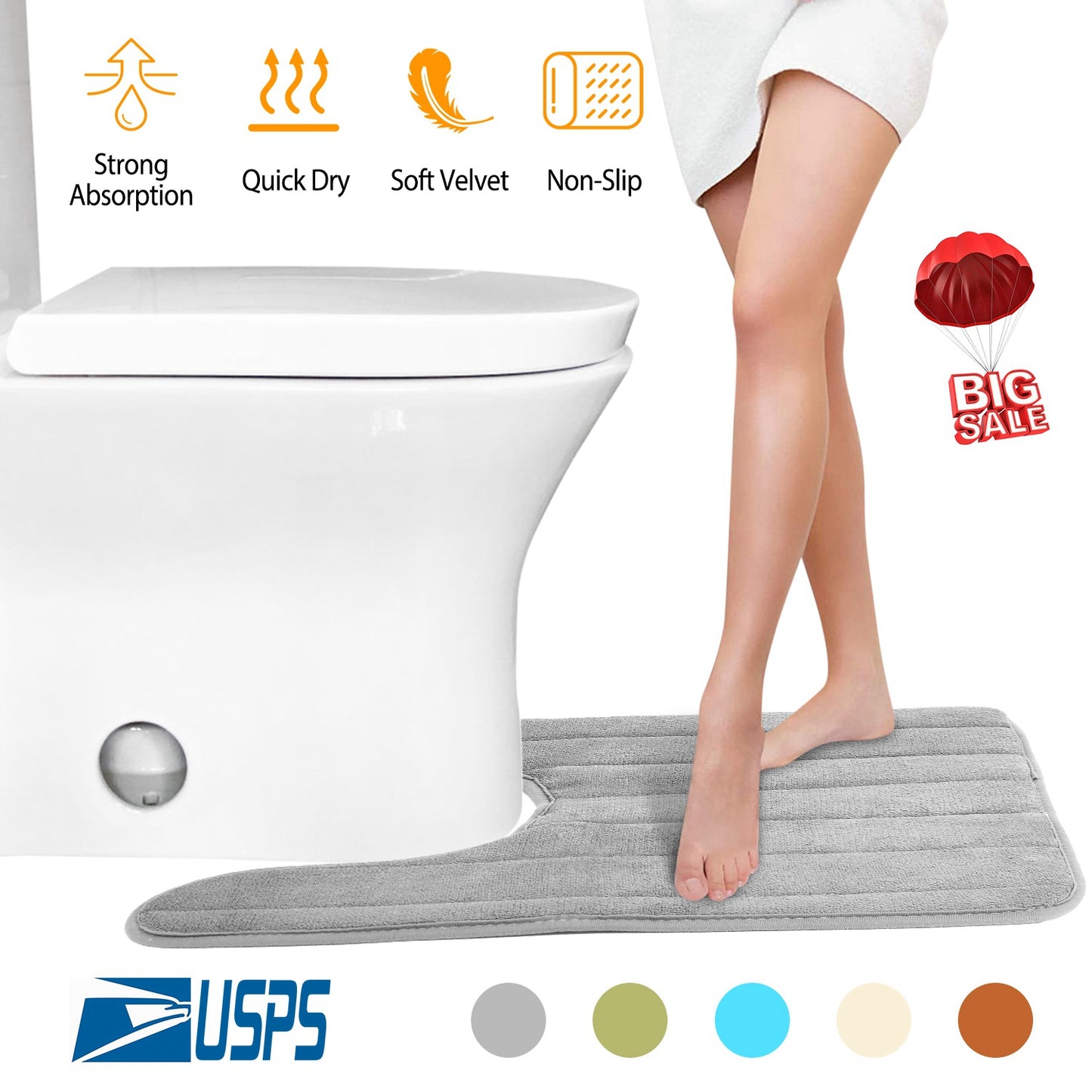 U-Shaped Bathroom Rug Non-Slip Contour Toilet Mat 23.6x19.7in