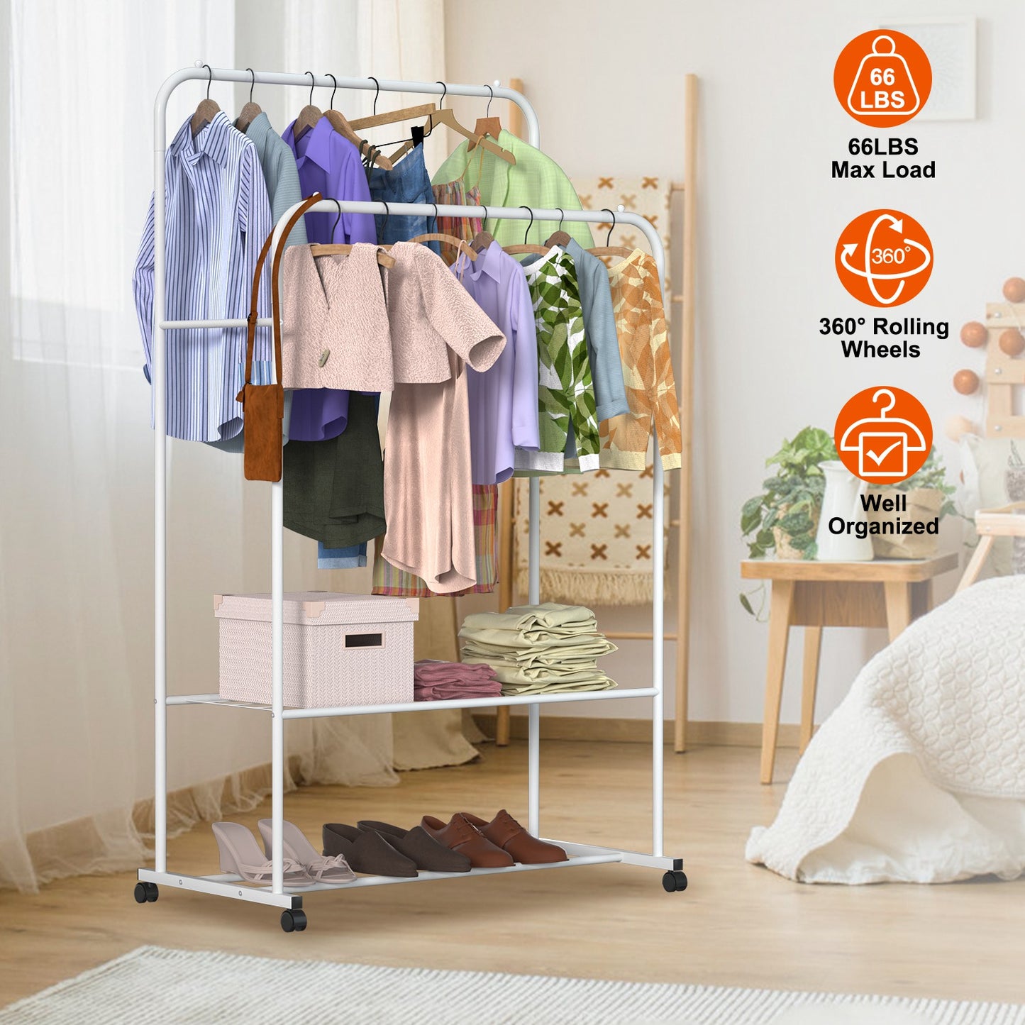 Rolling Garment Rack with Shoe Shelf and Dual Hanging Rails