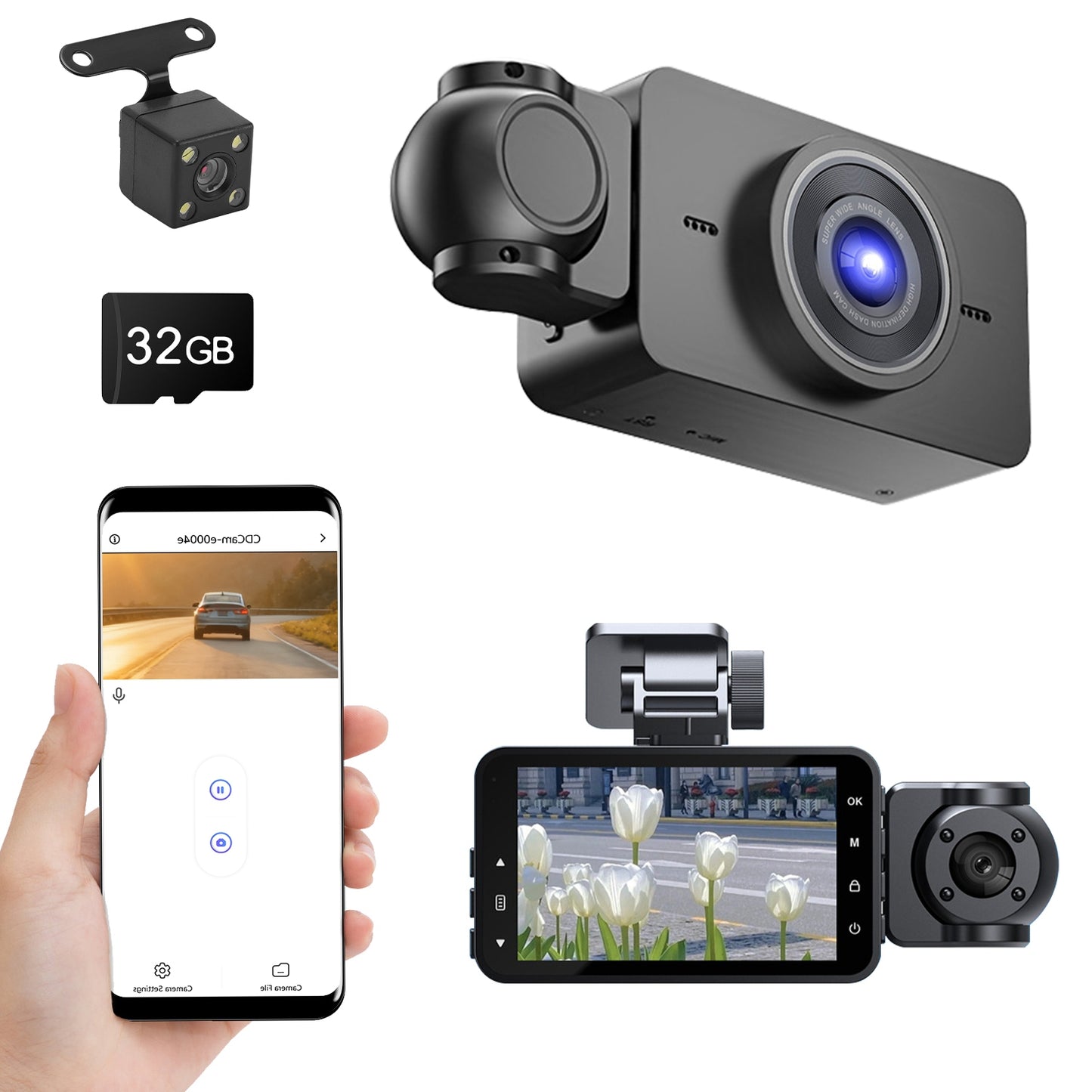 3-Channel Dash Cam with Front, Rear & Interior Cameras