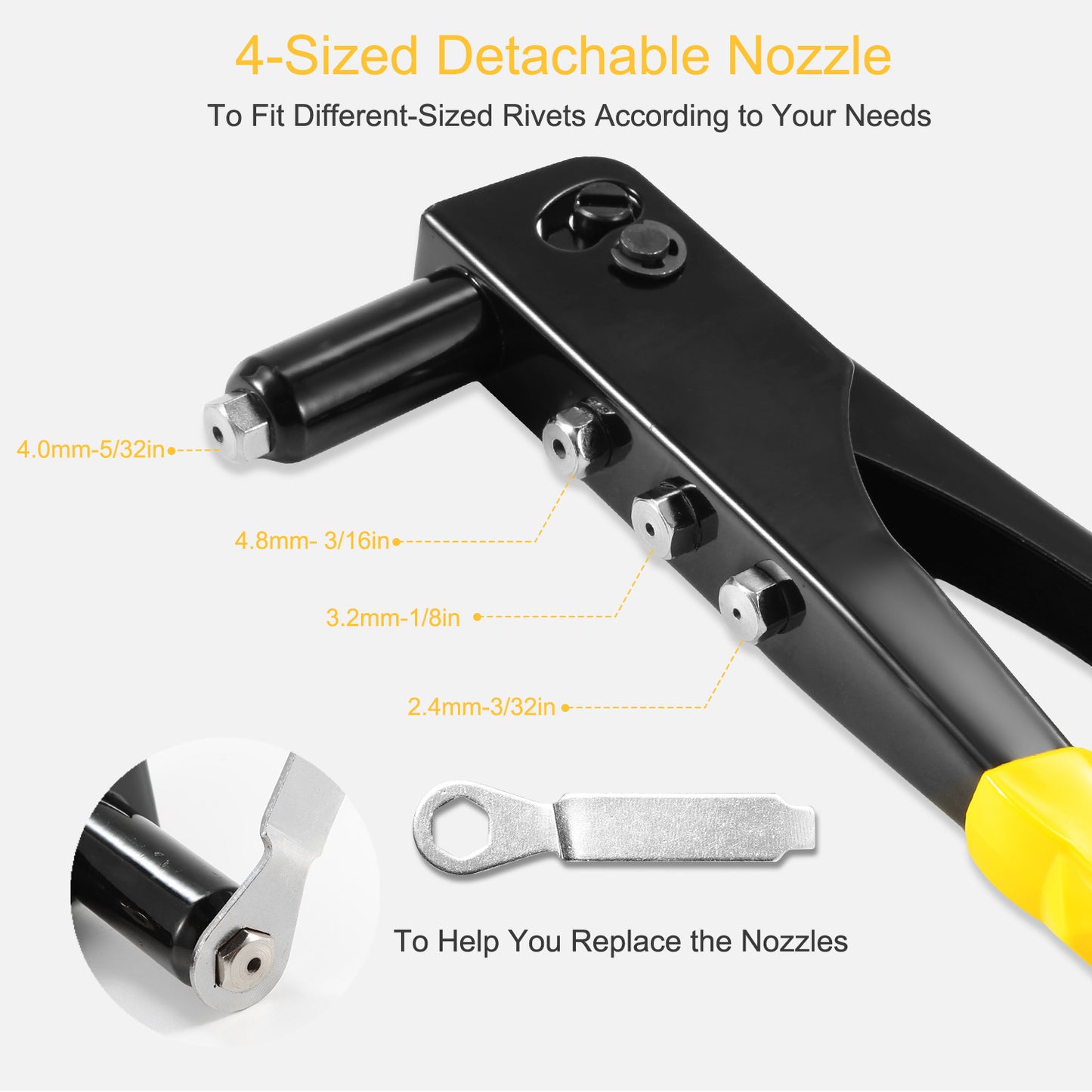 Heavy Duty Hand Riveter Gun with 4 Nozzles and Wrench