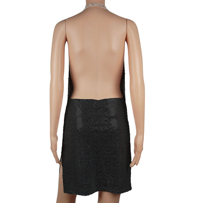Sexy Women Chain Choker Side Slit Backless Slip Dress With Sequins
