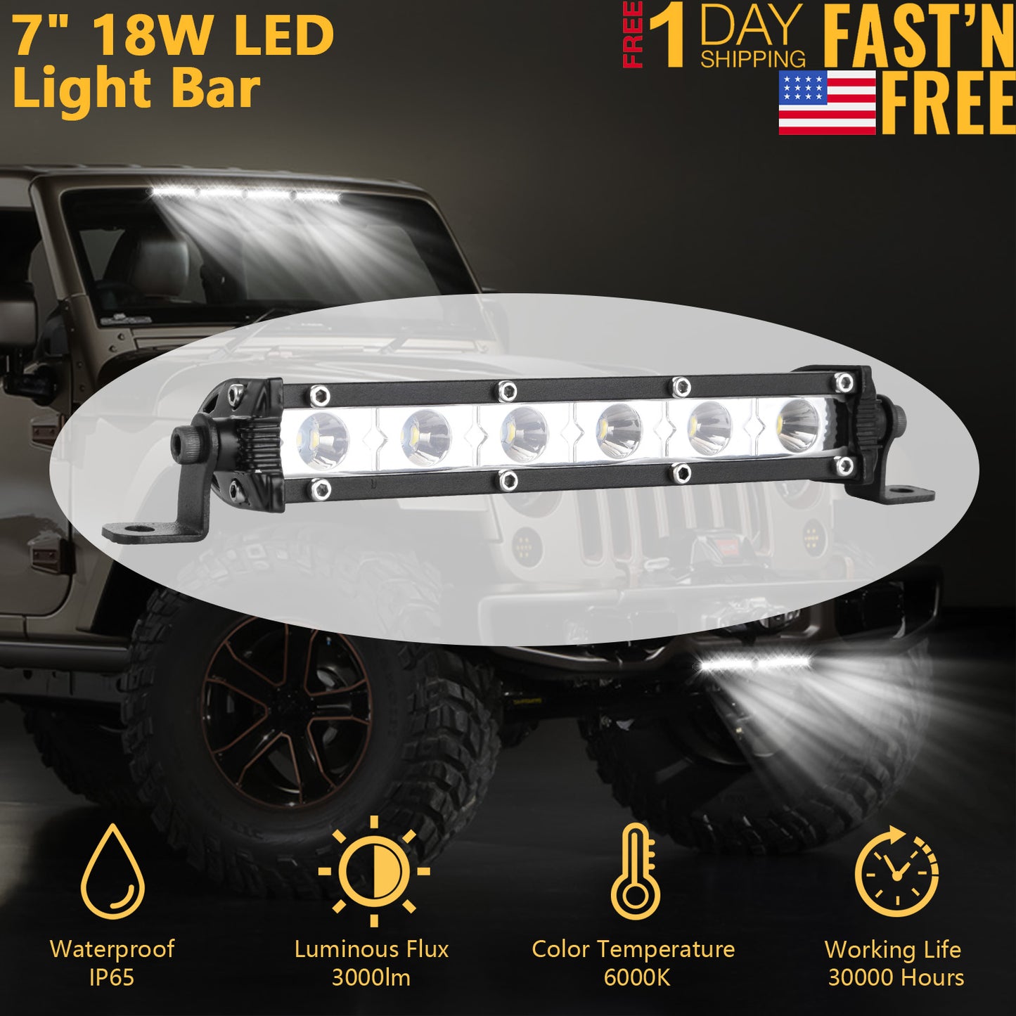 7" LED Light Bar 18W Spot Beam for Offroad Trucks & SUVs