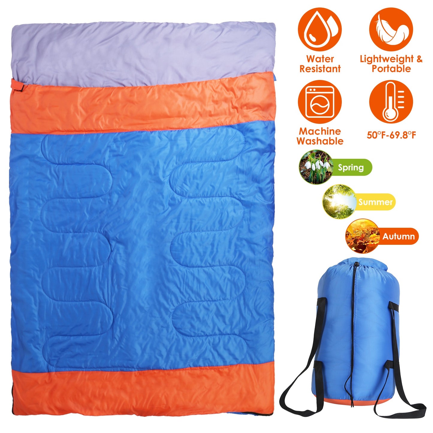 Double Sleeping Bag for 2-3 People - Water Resistant Cotton