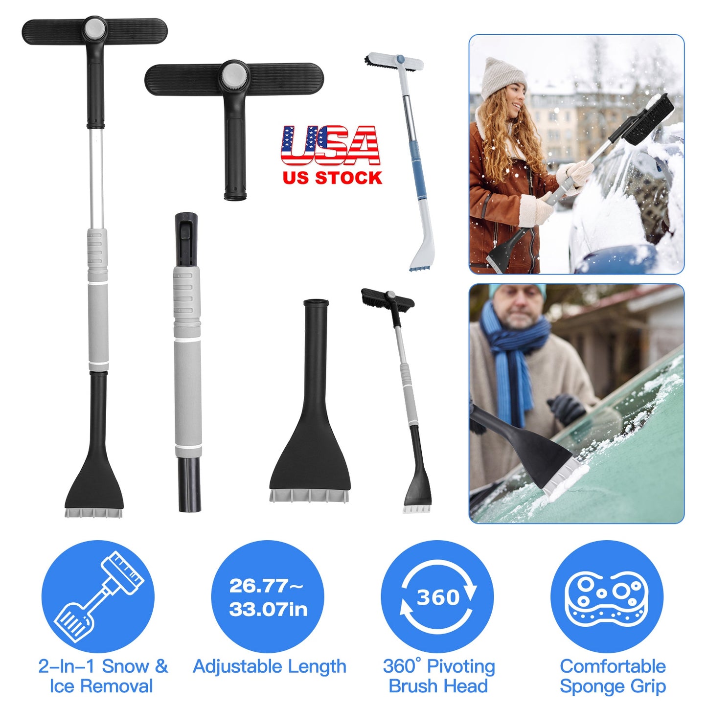 Extendable Snow Brush and Ice Scraper with 360° Pivoting Head