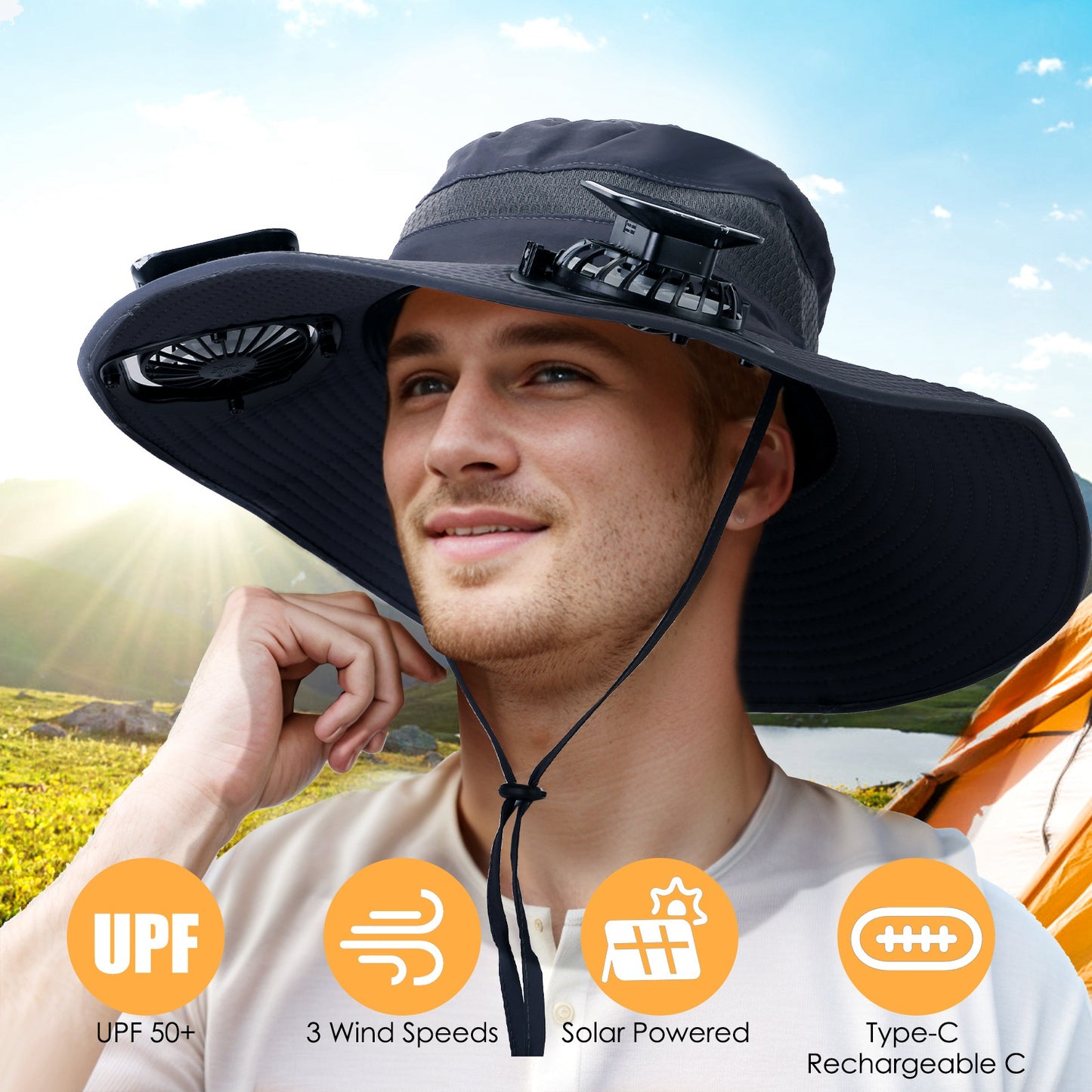 Wide Brim Sun Hat with Dual Rechargeable Fans & UPF50+