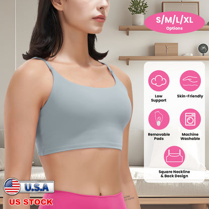 Women Strap Sport Bras Padded Strappy Crop Square Neck Low Impact Bras Sexy Fitness Tank Tops with Removable Pads Flat Straps for Gym Yoga Workout Run