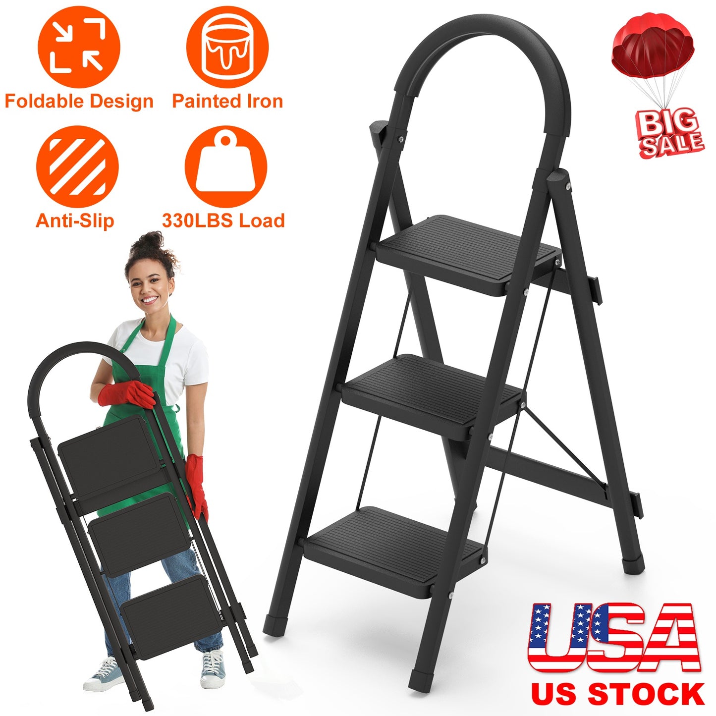 3-Step Foldable Ladder with 330 lb Capacity