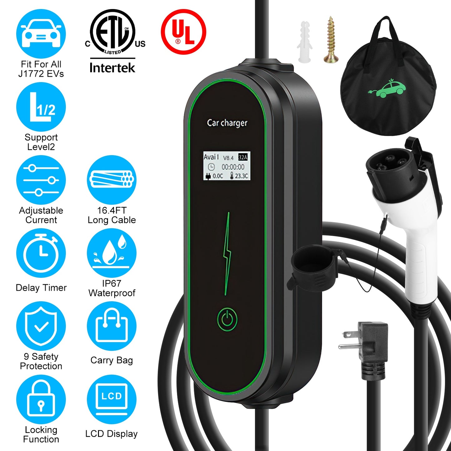 Level 2 EV Charger with NEMA 6-20P Plug and Carry Bag