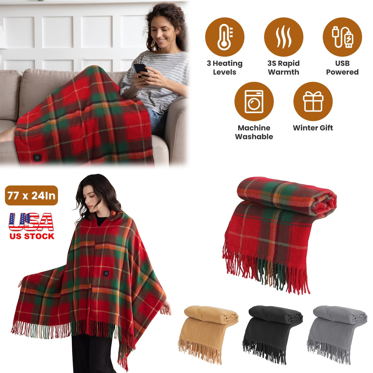 USB Heated Shawl with 3 Heat Levels and Zipper