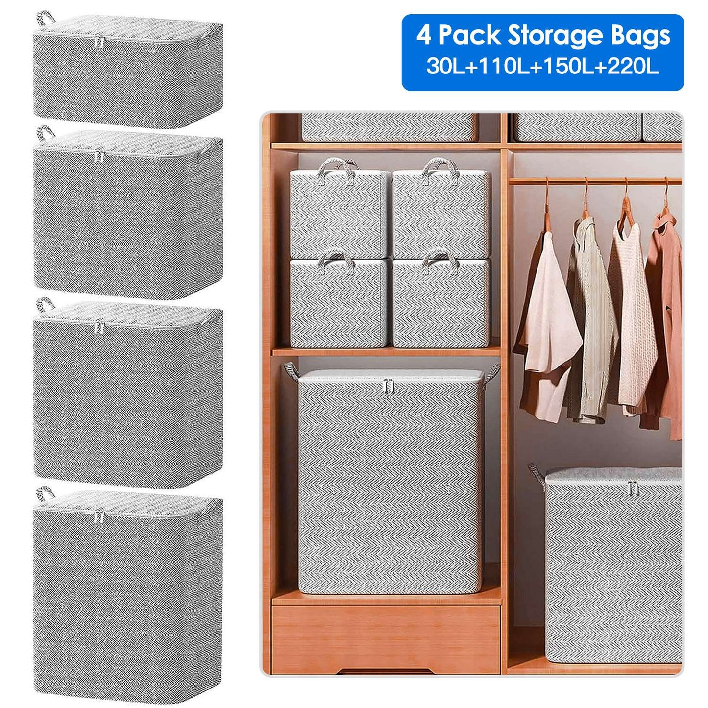 Foldable Storage Bags 4-Pack with Handles & Lids (30L-220L)
