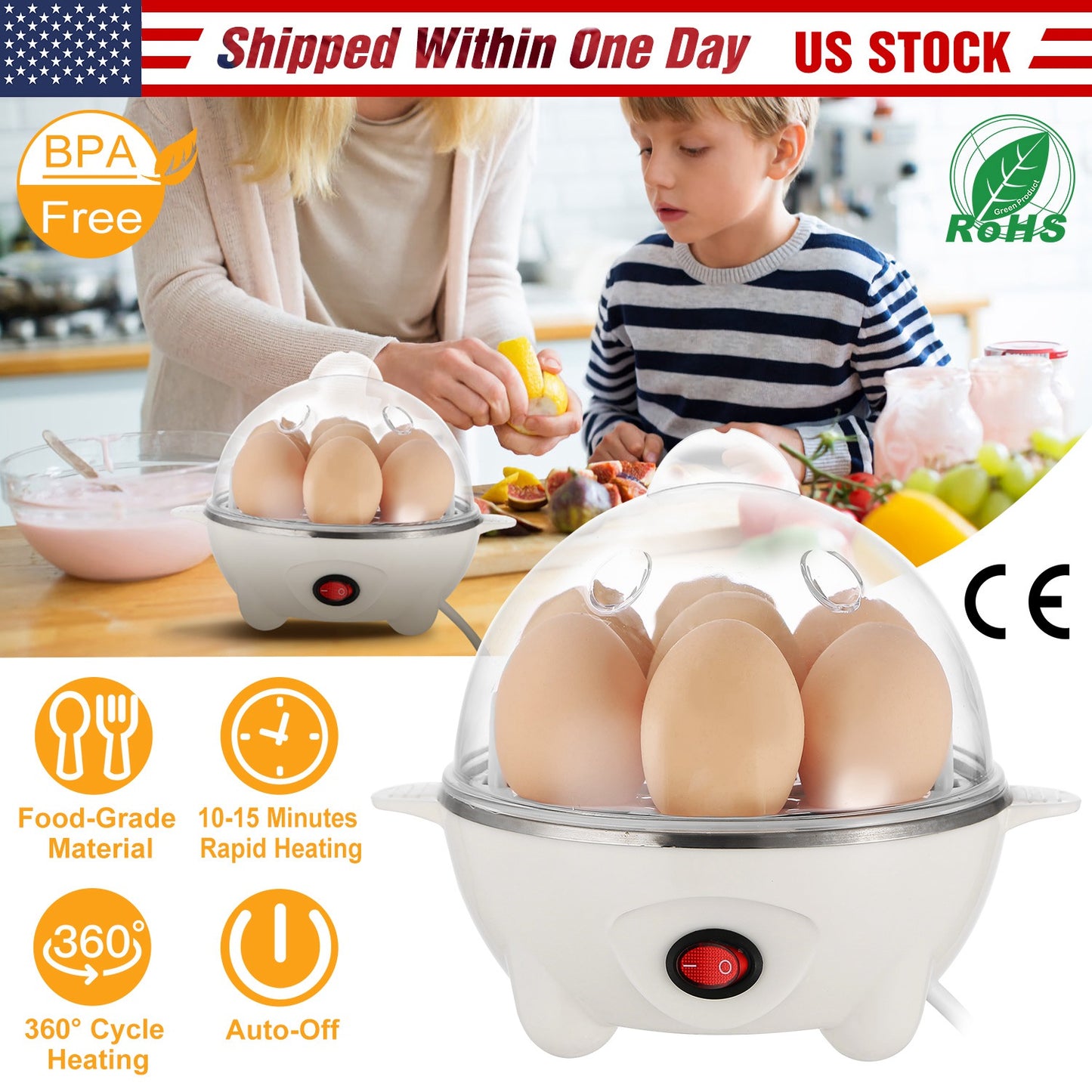 Electric Egg Cooker 7-Egg Capacity with Auto Shut-Off