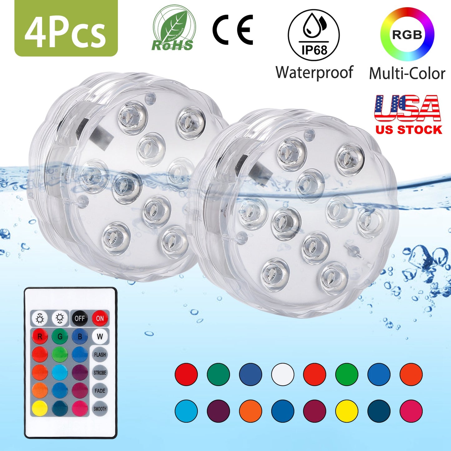 Submersible RGB LED Lights with Remote - 4 Pack Waterproof