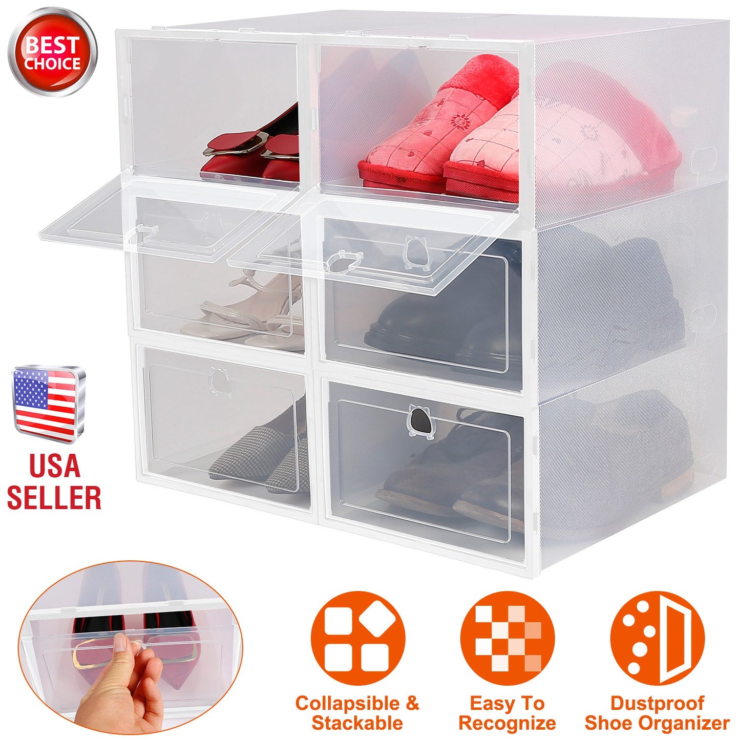 Collapsible Shoe Storage Boxes - Stackable Clear Organizer (6-Pack)
