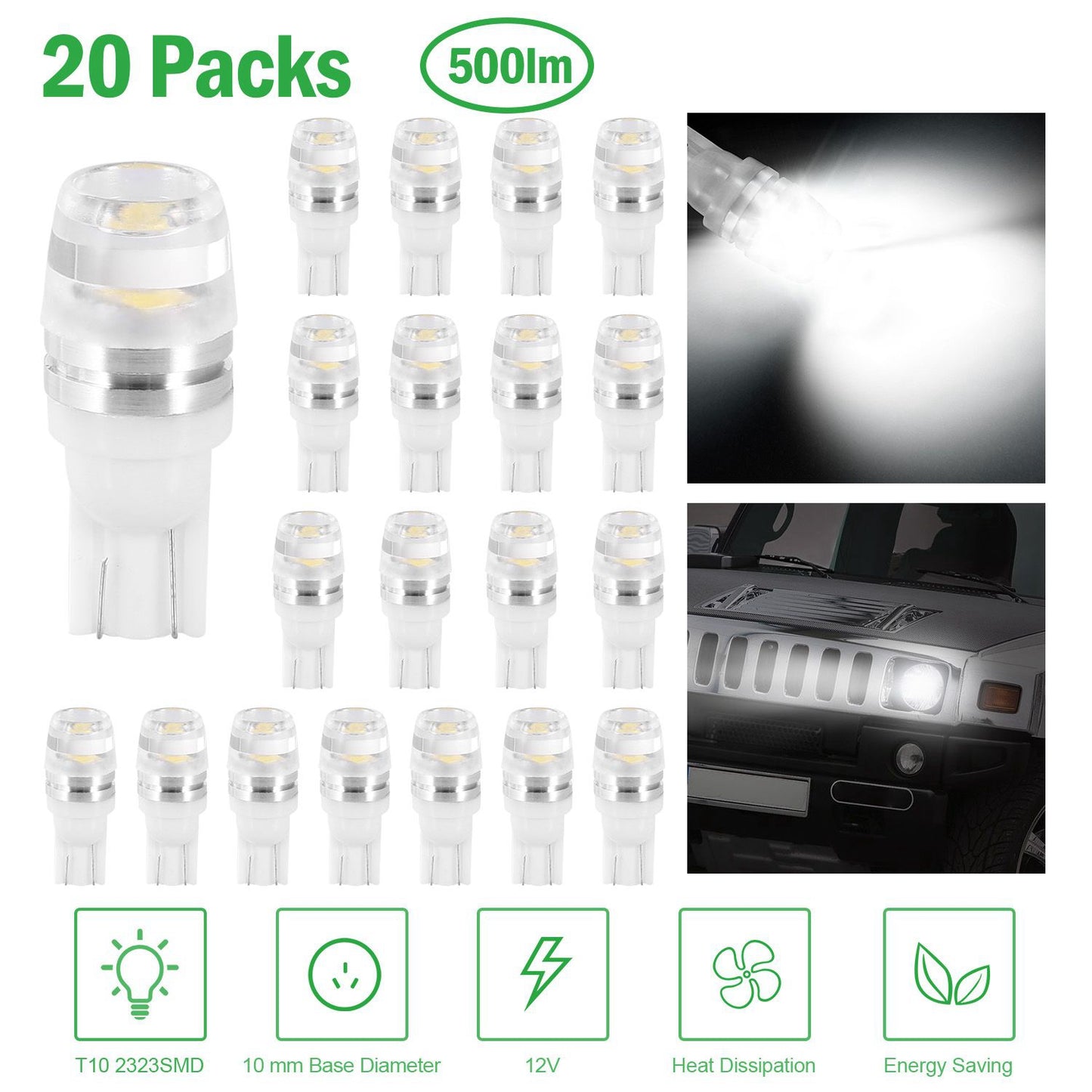 T10 LED Car Light Bulbs 20-Pack 6500K White 500lm Interior