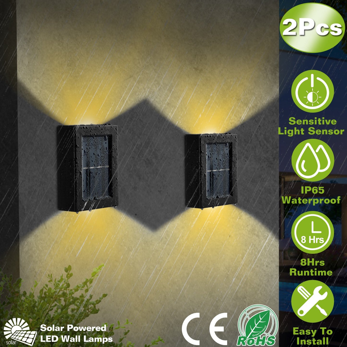 Solar Deck Lights Outdoor - 2 Pack Waterproof LED Fence Lamps