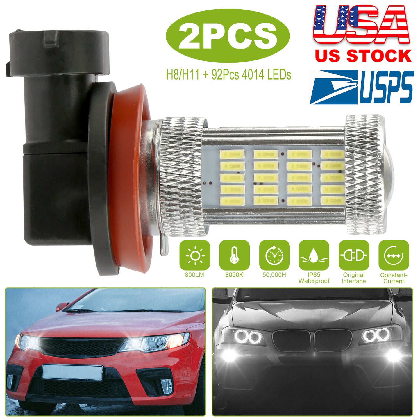 H8/H9/H11 LED Fog Light Bulbs 800lm 6000K White 2-Pack