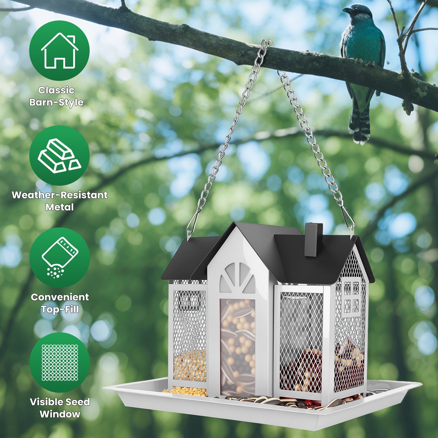 Barn Bird Feeder with Transparent Window & Lift Top Lid