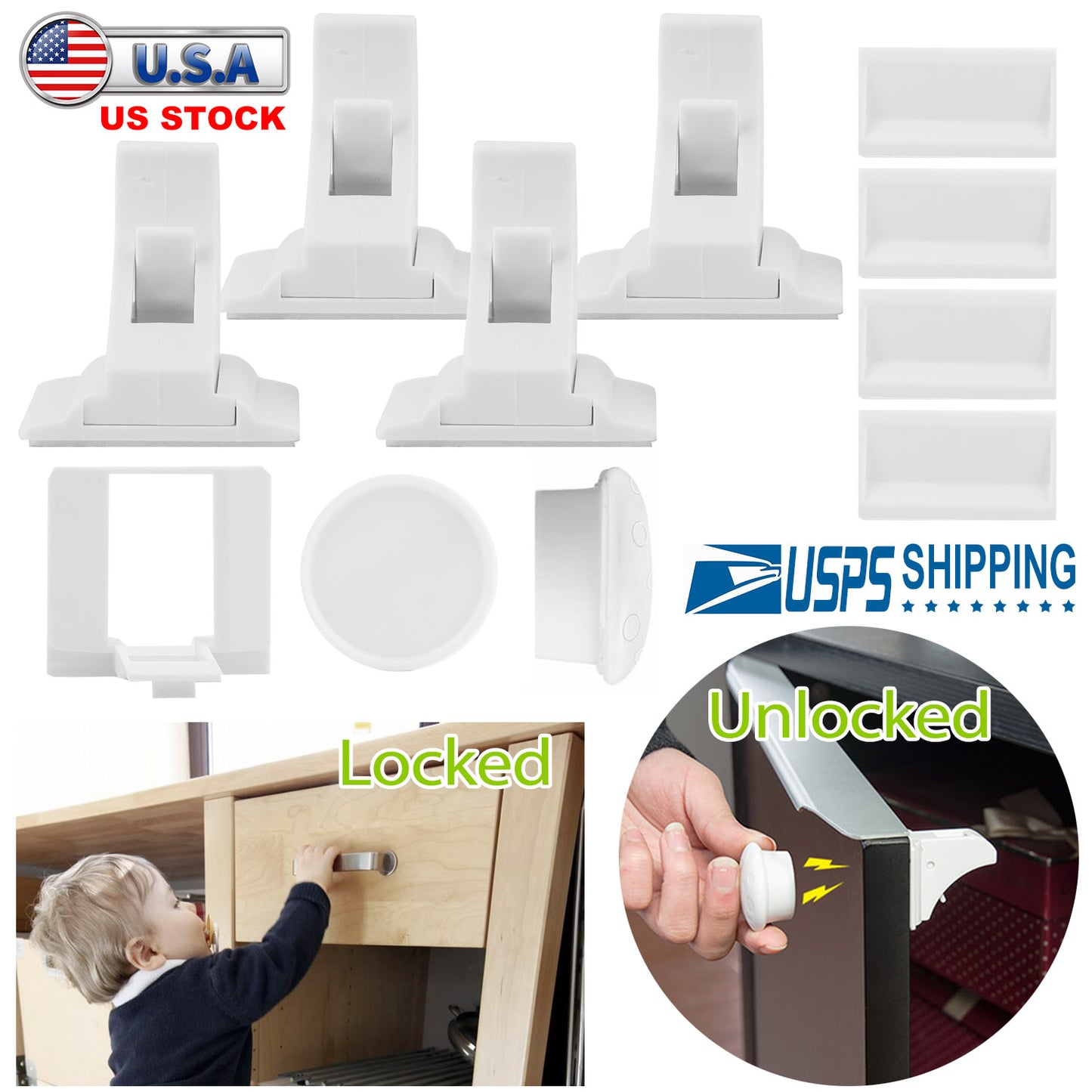 Magnetic Cabinet Locks 4-Pack with Adhesive Installation