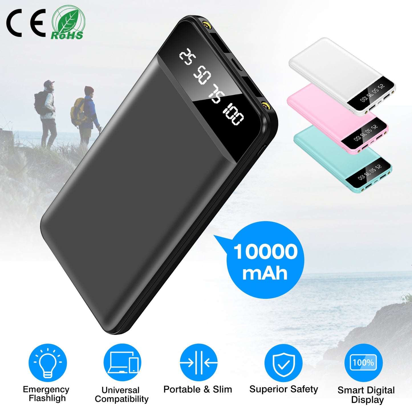 10000mAh Portable Power Bank with Digital Display & Flashlight