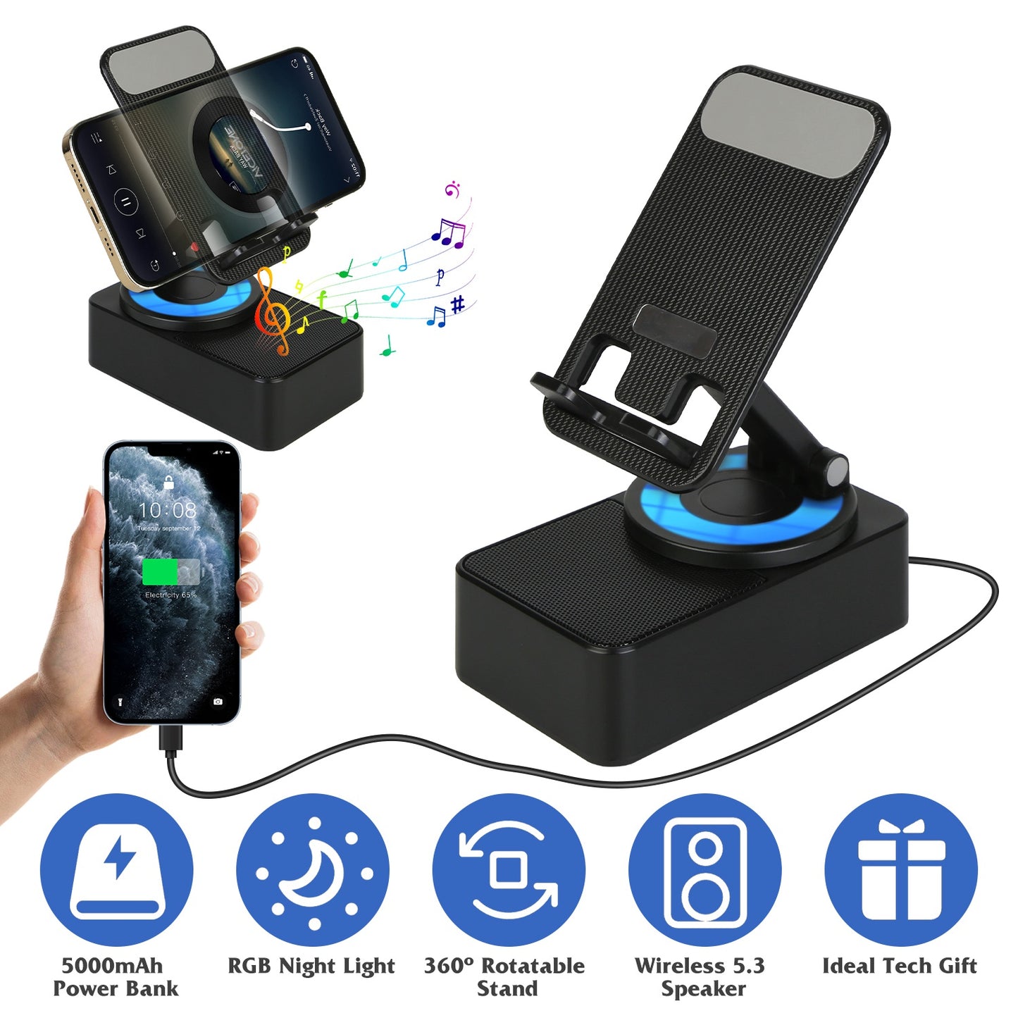 4-in-1 Wireless Speaker Phone Stand with 5000mAh Power Bank