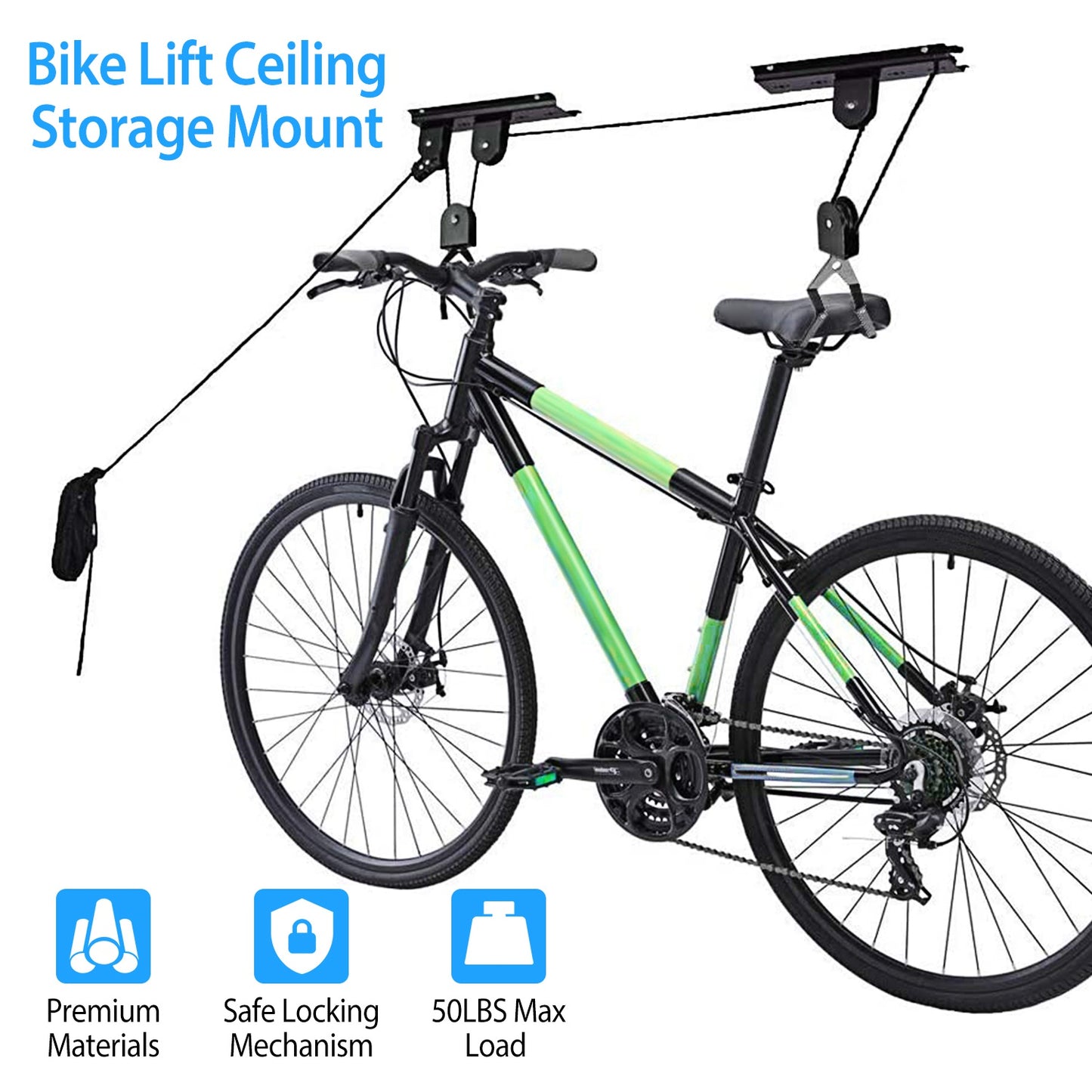 Bike Lift Ceiling Storage Hoist - 50 LB Capacity with Pulley