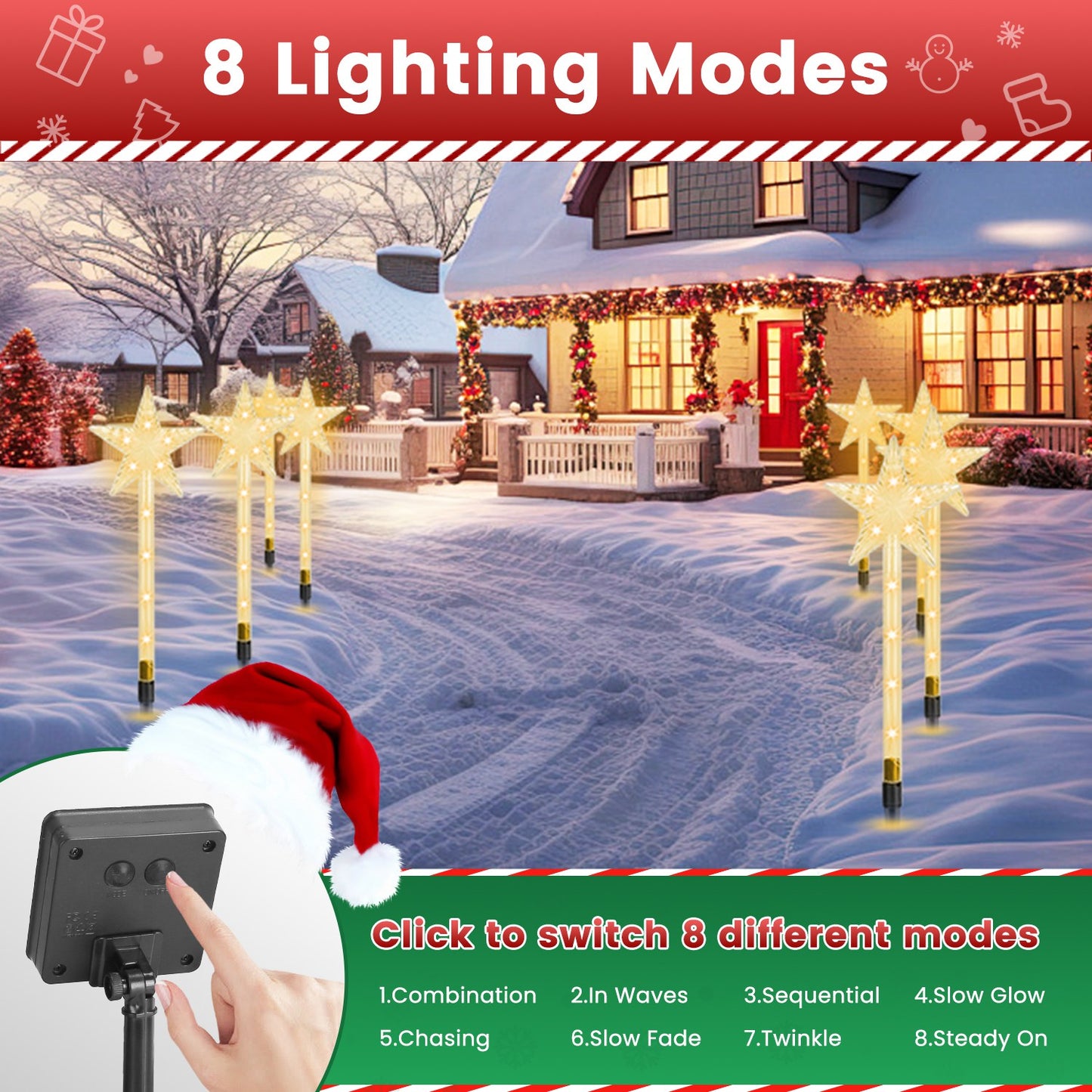 Solar Christmas Star Stake Lights 8-Pack with 8 Lighting Modes