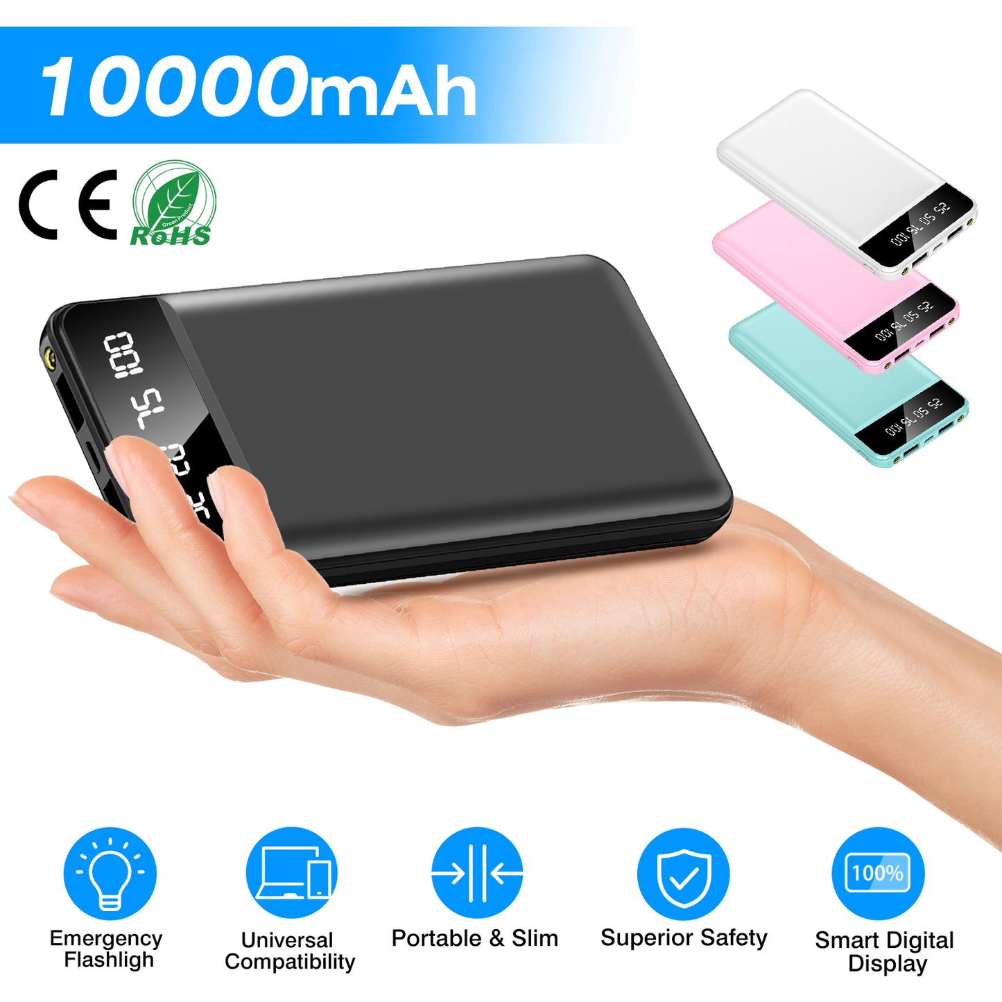10000mAh Portable Power Bank with Digital Display & Flashlight